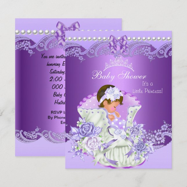 Little Princess Baby Shower Girl Lila Tiara Vint Inbjudningar (Fram/baksida)