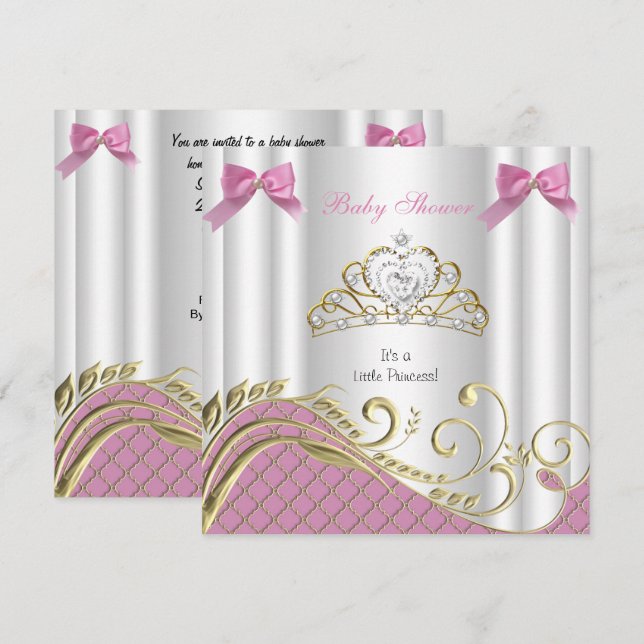 Little Princess Baby Shower Girl Rosa White Guld 3 Inbjudningar (Fram/baksida)