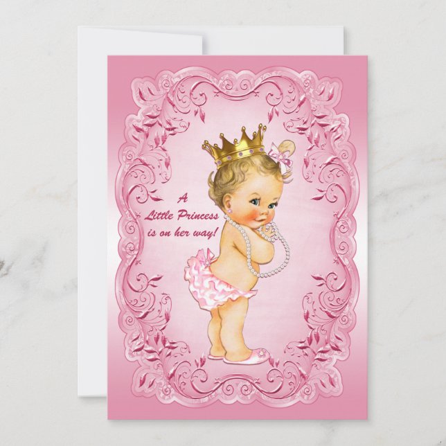 Little Princess Baby Shower Guld Krona Rosa Ram Inbjudningar (Framsida)