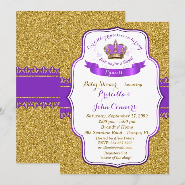 Little Princess Baby Shower-inbjudan,guld,lila Inbjudningar (Fram/baksida)