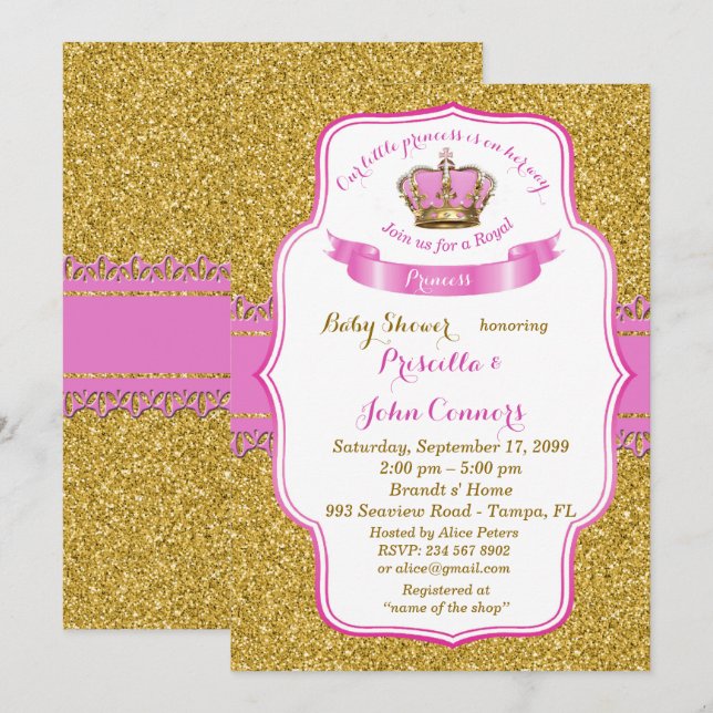 Little Princess Baby Shower-inbjudan,guld,rosa Inbjudningar (Fram/baksida)