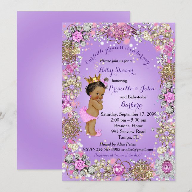 Little Princess Baby Shower-inbjudan,lila guld Inbjudningar (Fram/baksida)