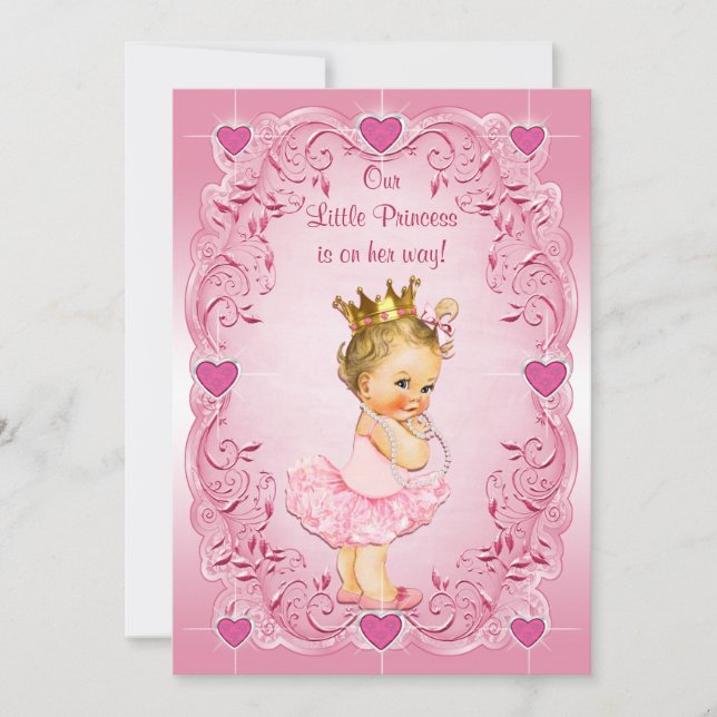 Little Princess Ballerina Kärlek Hearts Baby Showe Inbjudningar (Framsida)