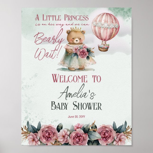 Little Princess Bear Barly Wait Girl Baby Shower Poster (Framsidan)