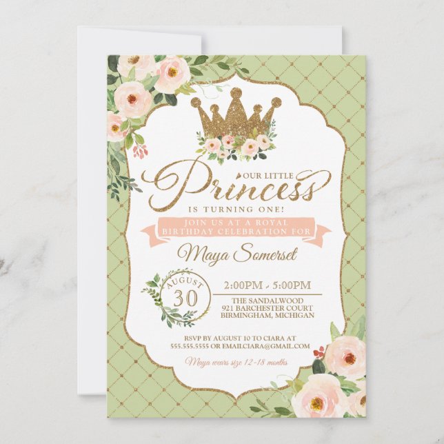 Little Princess Blommigt  & Mint Royal Birthday Inbjudningar (Framsida)