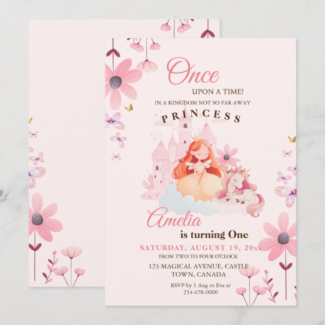 Little Princess Castle Flower Birthday Inbjudningar (Fram/baksida)