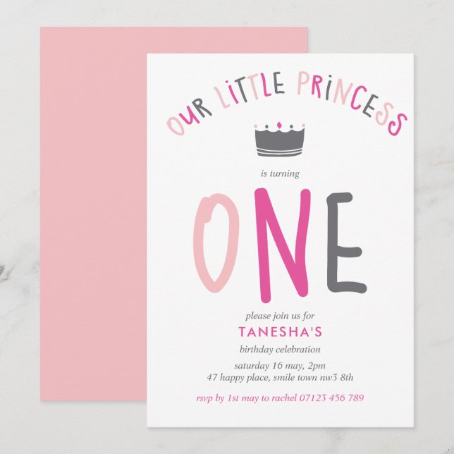 Little Princess First Birthday Rosa Party Inbjudningar (Fram/baksida)