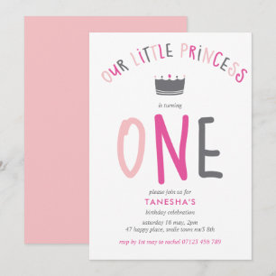 Little Princess First Birthday Rosa Party Inbjudningar