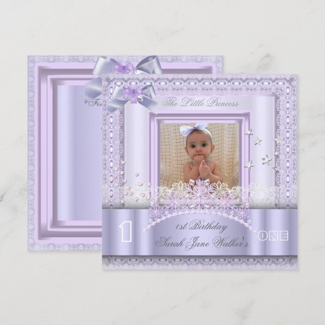 Little Princess First Födelsedagsfest Photo Lilac  Inbjudningar (Fram/baksida)