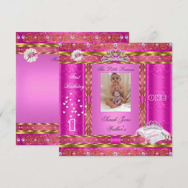 Little Princess First Födelsedagsfest Photo Rosa Inbjudningar (Fram/baksida)