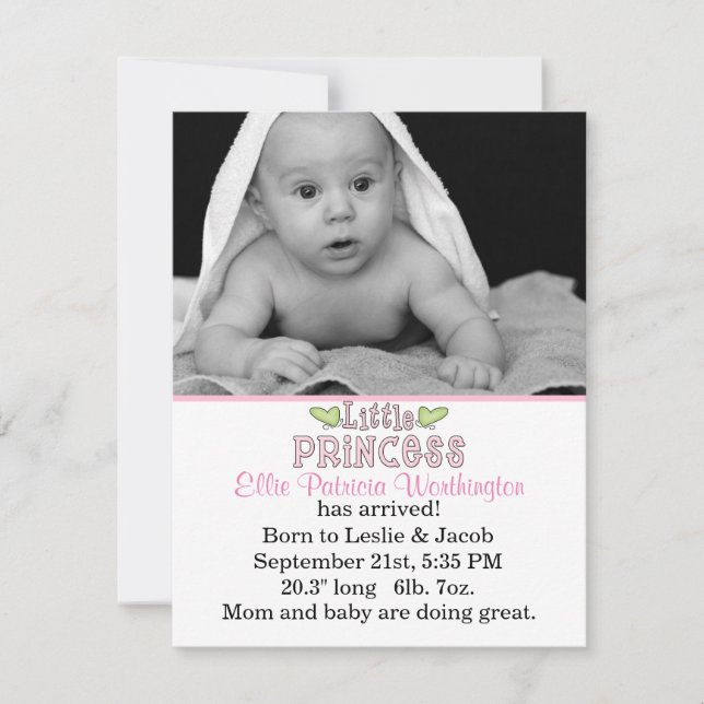 Little Princess Flicka Birth Announcement Meddelande (Framsida)
