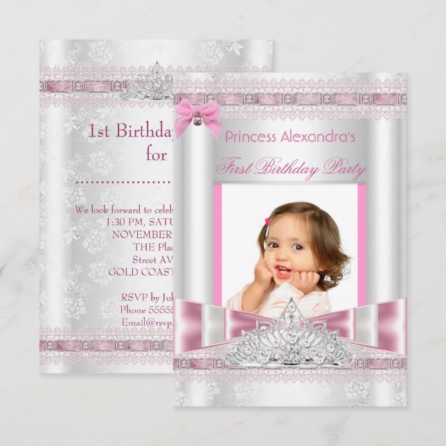 Little Princess Girl First Födelsedagsfest Photo Inbjudningar (Fram/baksida)