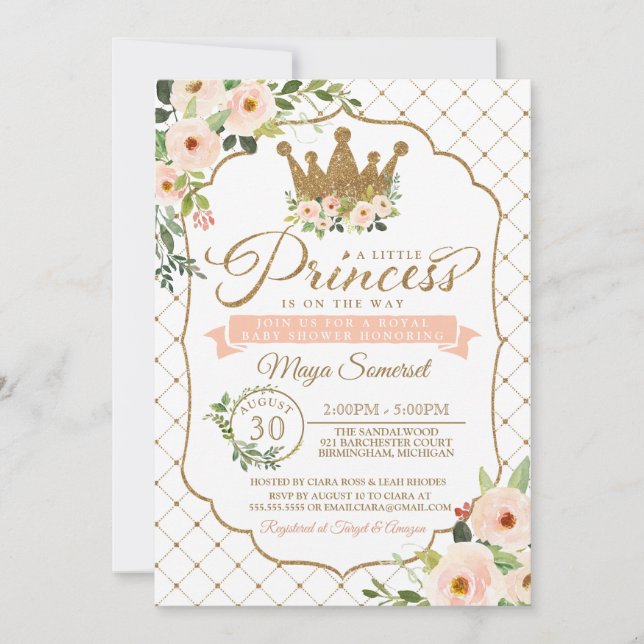 Little Princess Guld Blommigt Royal Baby Shower Inbjudningar (Framsida)