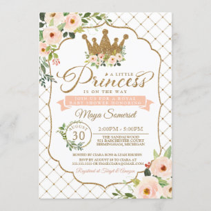 Little Princess Guld Blommigt Royal Baby Shower Inbjudningar