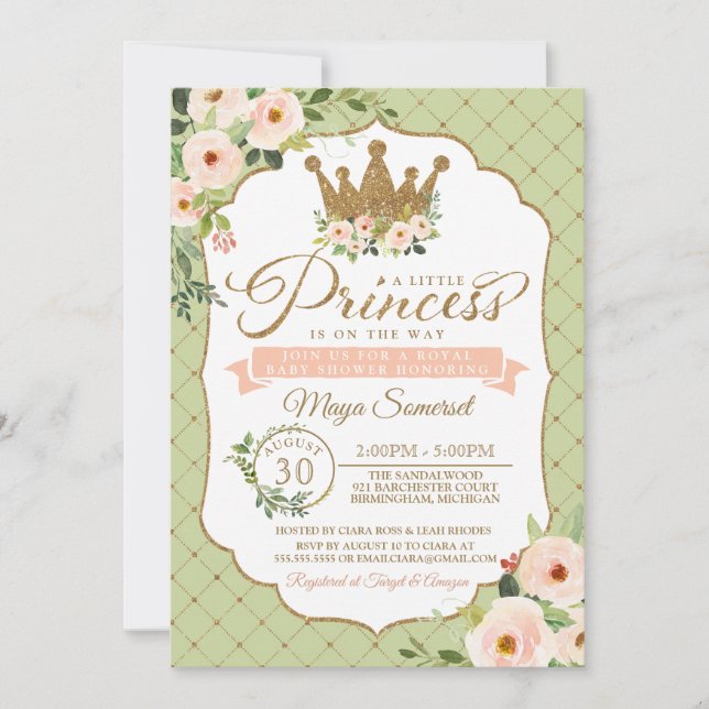Little Princess  Mint Guld Royal Baby Shower Inbjudningar (Framsida)