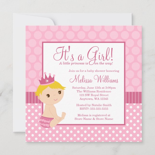 Little Princess Rosa Polka Dot Girl Baby Shower Inbjudningar (Framsida)