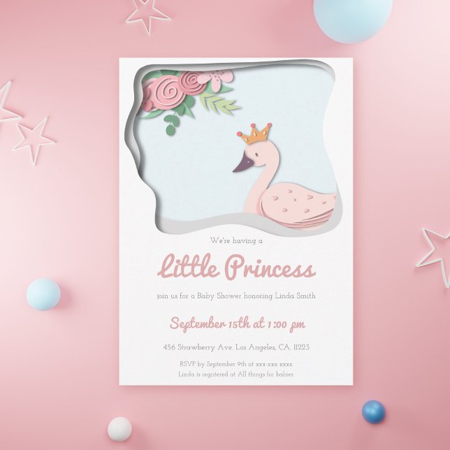 Little Princess Rosa Svan Blommigt Girl Baby Showe Inbjudningar (Skapare uppladdad)