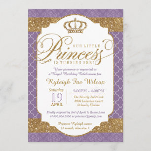 Little Princess Royal Lila och Guld Birthday Inbjudningar