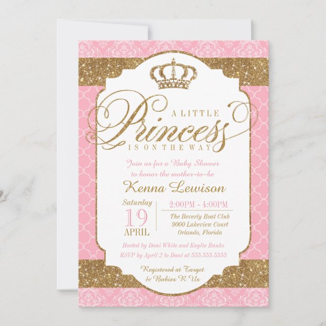 Little Princess Royal Rosa och Guld Baby Shower Inbjudningar (Framsida)