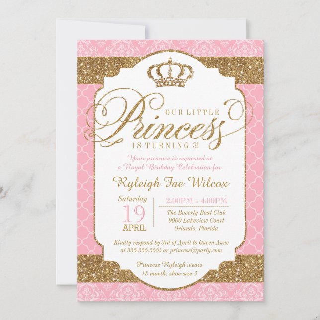 Little Princess Royal Rosa och Guld Birthday Inbjudningar (Framsida)