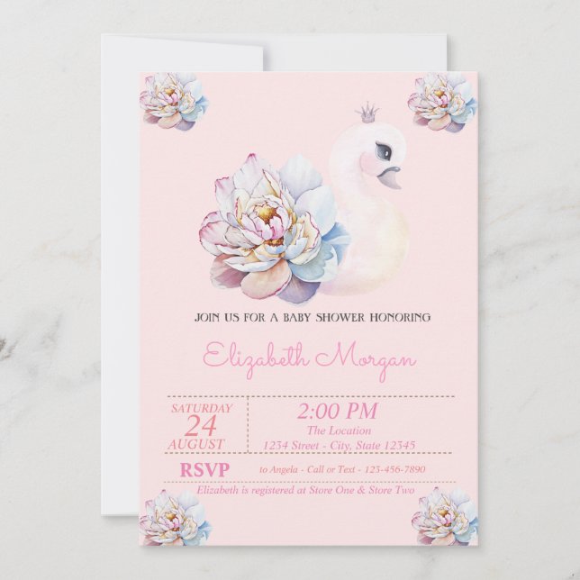 Little Princess, Svan,Flowers Rosa Baby Shower Inbjudningar (Framsida)