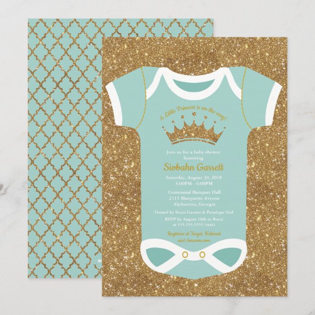 Little Princess Turcouise Glitter Guld Baby Shower Inbjudningar (Fram/baksida)