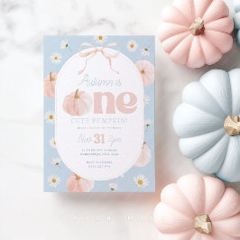 Little Pumpkin 1st Birthday Daisy Blue Rosa Bow Inbjudningar