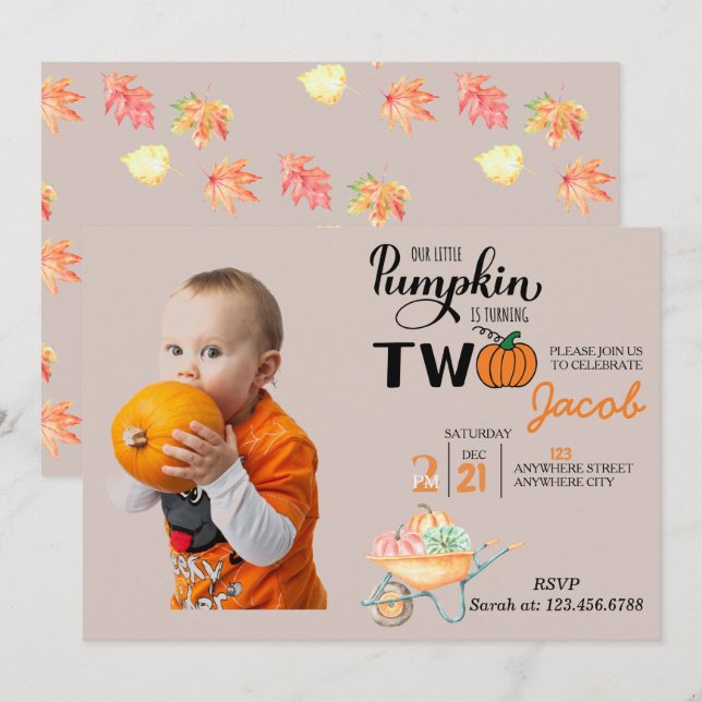 Little Pumpkin 2:a födelsedagen Barns födelsedag P Inbjudningar (Fram/baksida)