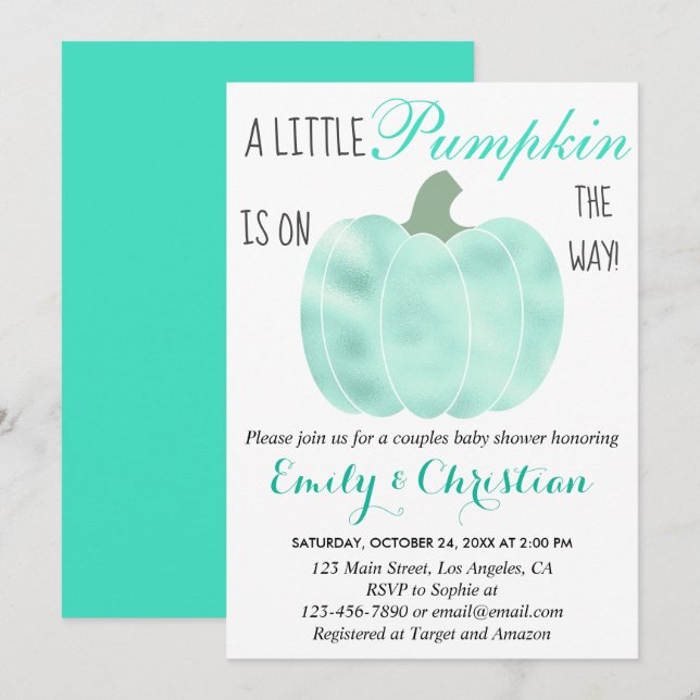 Little Pumpkin Aqua Turcos Shimmer Baby Shower Inbjudningar (Fram/baksida)