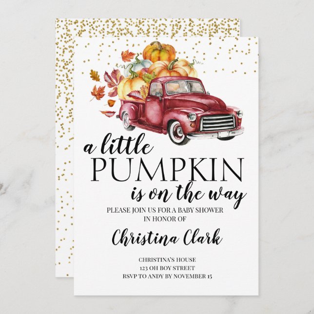 Little Pumpkin Autumn Cute Red Lastbil Baby Shower Inbjudningar (Fram/baksida)
