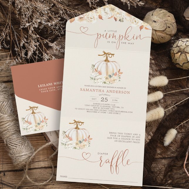 Little Pumpkin Autumn Diaper Raffle (Rustic Little Pumpkin on the way all in one invitation with diaper raffle attached baby shower.)