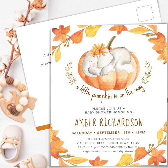 Little Pumpkin Autumn Elephant Girl Baby Shower Inbjudan Vykort (Skapare uppladdad)