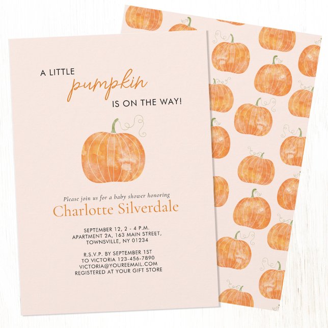 Little Pumpkin Autumn Fall Baby Shower Inbjudningar (Pumpkin autumn fall watercolor personalized baby shower invitation)