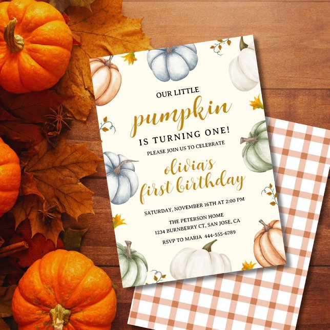 Little Pumpkin Autumn First Birthday Inbjudningar (Rustic pumpkin birthday invite with colorful pumpkins and editable party text)