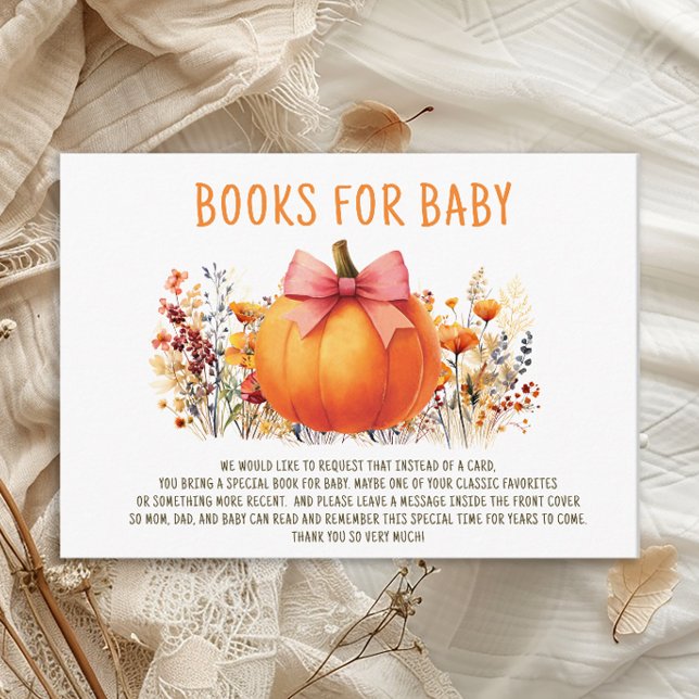 Little Pumpkin Autumn Flowers Girl Bokar för Baby Tilläggskort (Little Pumpkin baby girl shower "Books for Baby" card)