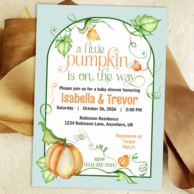 Little Pumpkin Autumn Shower Gender Neutral Inbjudningar (Little Pumpkin on the Way Autumn Baby Shower Fairytale Invitation)