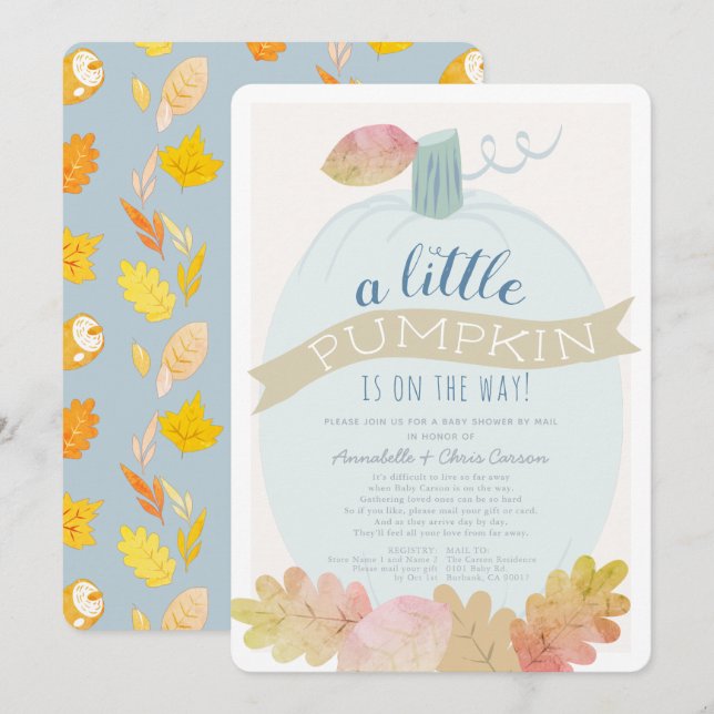 Little Pumpkin Baby blue Baby Shower by Mail Inbjudningar (Fram/baksida)