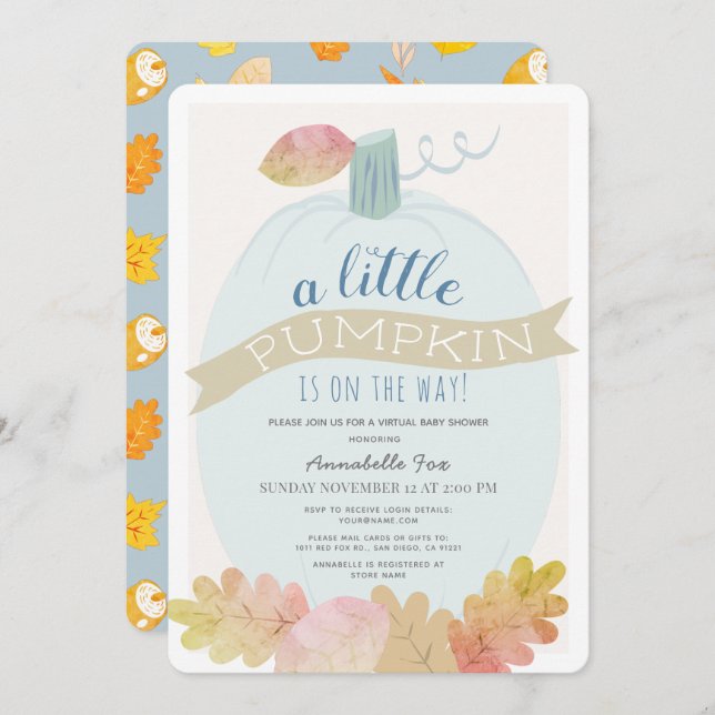 Little Pumpkin Baby blue Virtuell Baby Shower Inbjudningar (Fram/baksida)