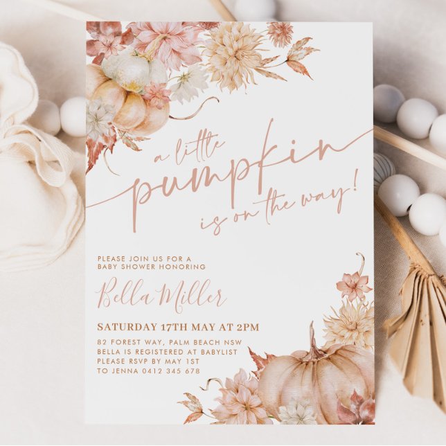 Little Pumpkin Baby Shower Fall Rosa Blommigt Inbjudningar (A little pumpkin is on the way! Matching items available.)