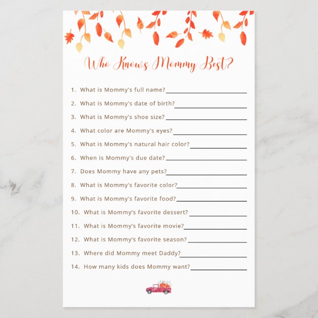 Little Pumpkin Baby Shower Game som känner Mamma B Flygblad (Framsidan)