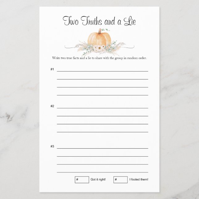 Little Pumpkin Baby Shower Game Two Truths Flygblad (Framsidan)