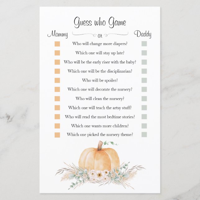 Little Pumpkin Baby Shower "Gissa WHO Game" Game (Framsida)