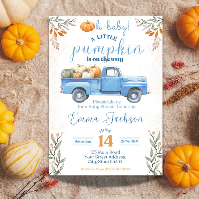 Little Pumpkin Baby Shower-inbjudan Blue Lastbil Inbjudningar (Skapare uppladdad)