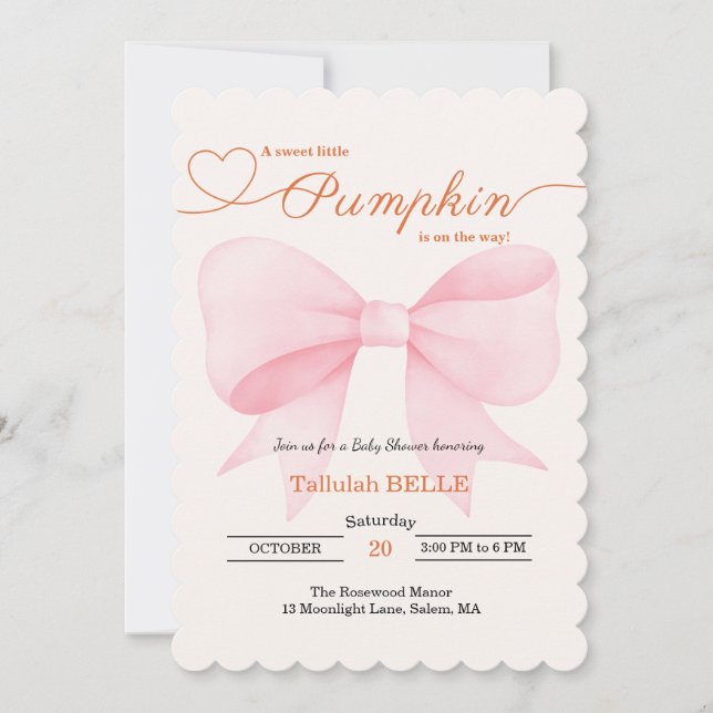 Little Pumpkin Baby Shower-inbjudan - Rosa Bow Inbjudningar (Framsida)