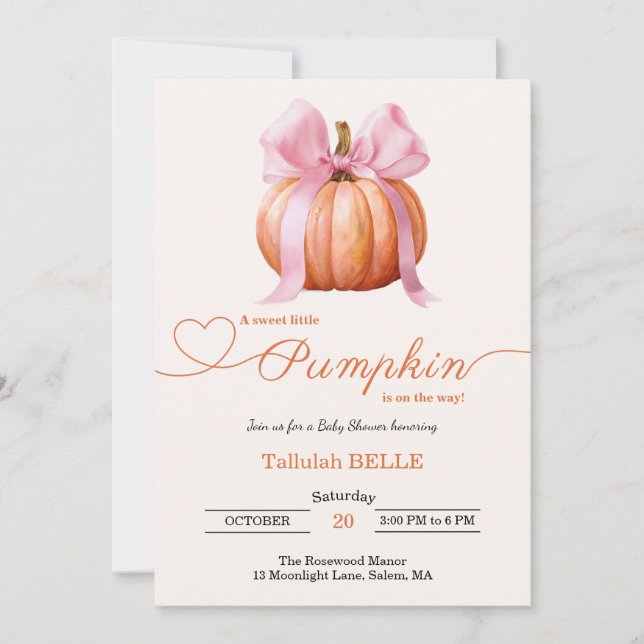 Little Pumpkin Baby Shower-inbjudan - Rosa Bow Inbjudningar (Framsida)