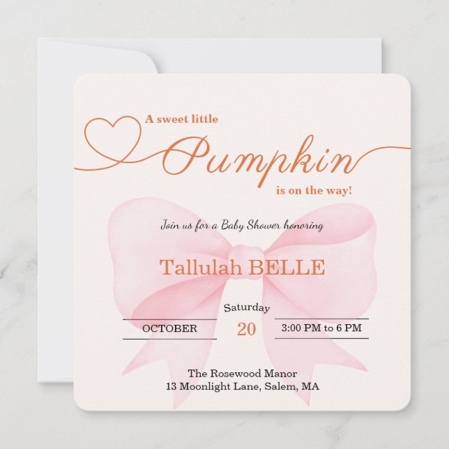 Little Pumpkin Baby Shower-inbjudan - Rosa Bow Spara Datumet (Framsida)