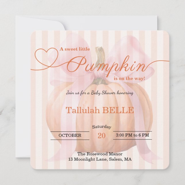 Little Pumpkin Baby Shower-inbjudan - Rosa Bow Spara Datumet (Framsida)