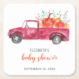 Little Pumpkin Baby Shower Red Lastbil Fall Cute Underlägg Papper Kvadrat