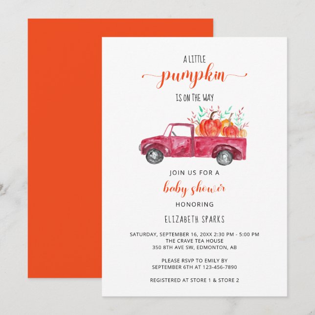 Little Pumpkin Baby Shower Red Lastbil hösten höst Inbjudningar (Fram/baksida)