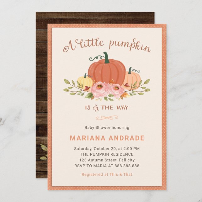 Little Pumpkin Baby Shower Rustic Fall Blommigt Cu Inbjudningar (Fram/baksida)